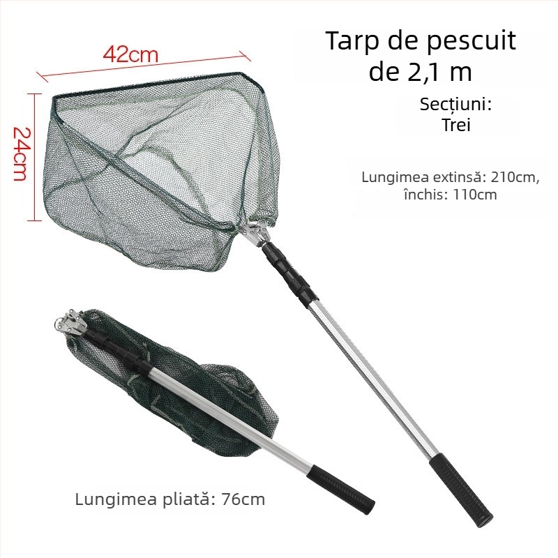 Plasă de pescuit din aliaj de aluminiu, triunghiulară, integrată și pliabilă, cu cap de plasă retractabil, deschidere 40 cm, ochi fini