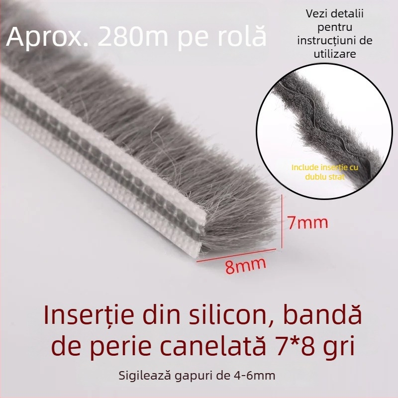Bandă de etanșare tip canal pentru uși și ferestre din aluminiu – vârf siliconizat, impermeabilă, protecție împotriva prafului, insectelor și vântului, stil modern minimalist