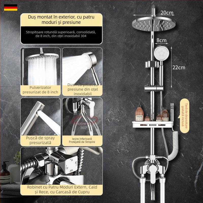 Set de duș din alamă, montaj pe perete, stil modern, duș rotund, greutate netă 3 kg