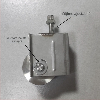 Roată unghiulară reglabilă pentru uși glisante — din oțel inoxidabil/nylon; grosime perete 1,5; rază canelură pentru frânghie 16; fabricație conform desenelor; potrivită pentru transportul ușilor și ferestrelor