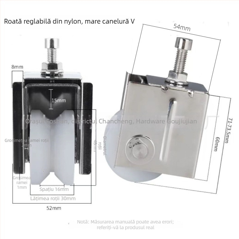 Roată unghiulară reglabilă pentru uși glisante — din oțel inoxidabil/nylon; grosime perete 1,5; rază canelură pentru frânghie 16; fabricație conform desenelor; potrivită pentru transportul ușilor și ferestrelor