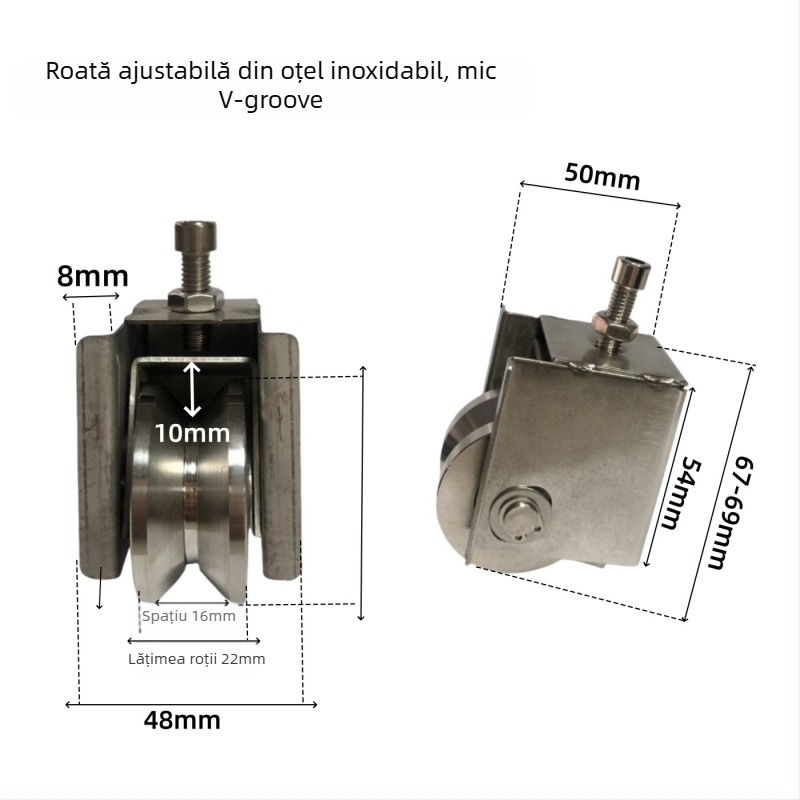Roată unghiulară reglabilă pentru uși glisante — din oțel inoxidabil/nylon; grosime perete 1,5; rază canelură pentru frânghie 16; fabricație conform desenelor; potrivită pentru transportul ușilor și ferestrelor