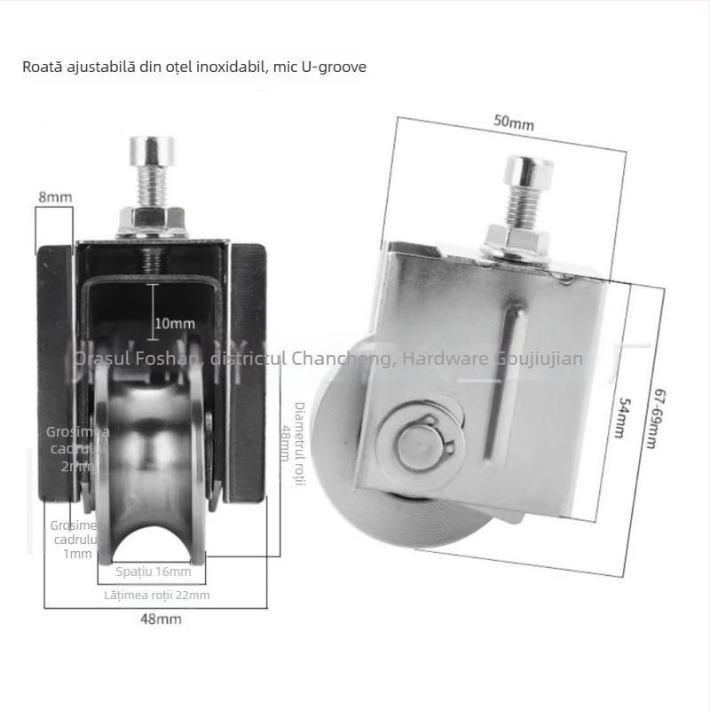 Roată unghiulară reglabilă pentru uși glisante — din oțel inoxidabil/nylon; grosime perete 1,5; rază canelură pentru frânghie 16; fabricație conform desenelor; potrivită pentru transportul ușilor și ferestrelor