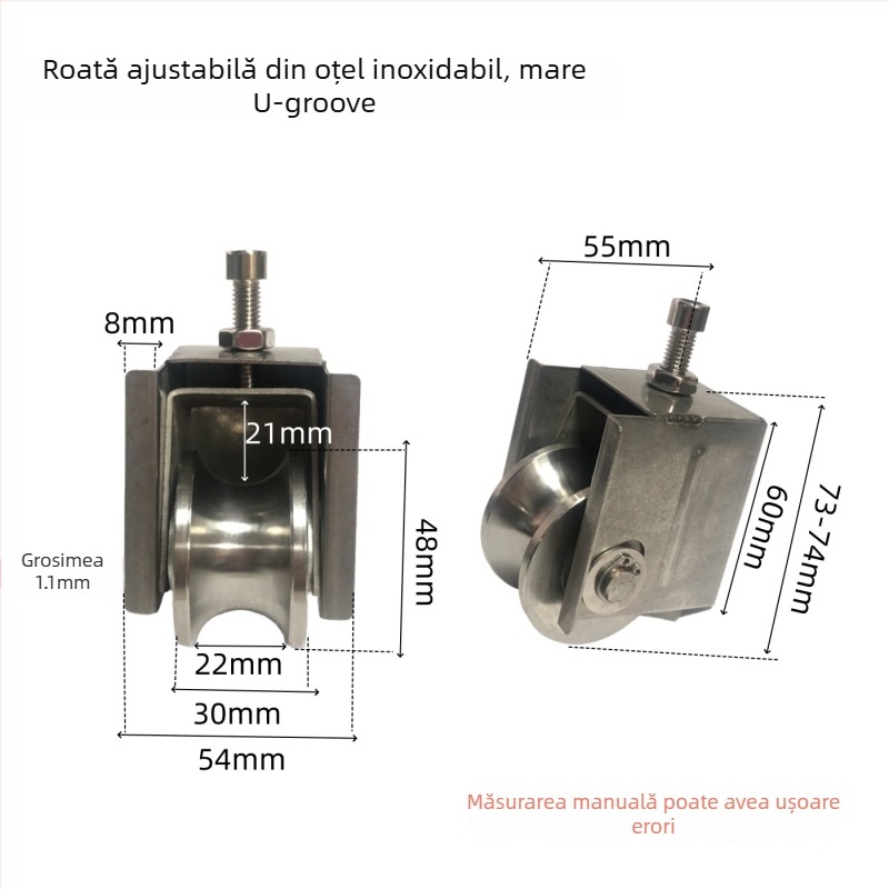 Roată unghiulară reglabilă pentru uși glisante — din oțel inoxidabil/nylon; grosime perete 1,5; rază canelură pentru frânghie 16; fabricație conform desenelor; potrivită pentru transportul ușilor și ferestrelor