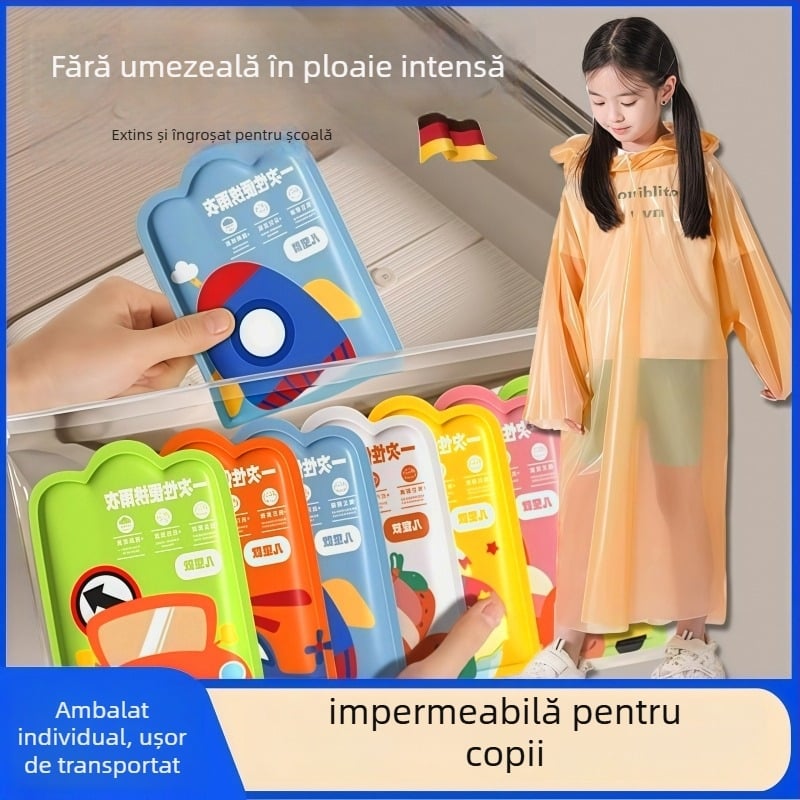 Pelerină de ploaie de unică folosință pentru copii, corp întreg, cu extensie și grosime sporită, piesă unică, material PE, pentru școală și călătorii.