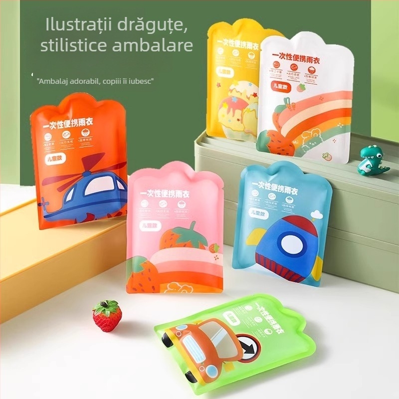 Pelerină de ploaie de unică folosință pentru copii, corp întreg, cu extensie și grosime sporită, piesă unică, material PE, pentru școală și călătorii.