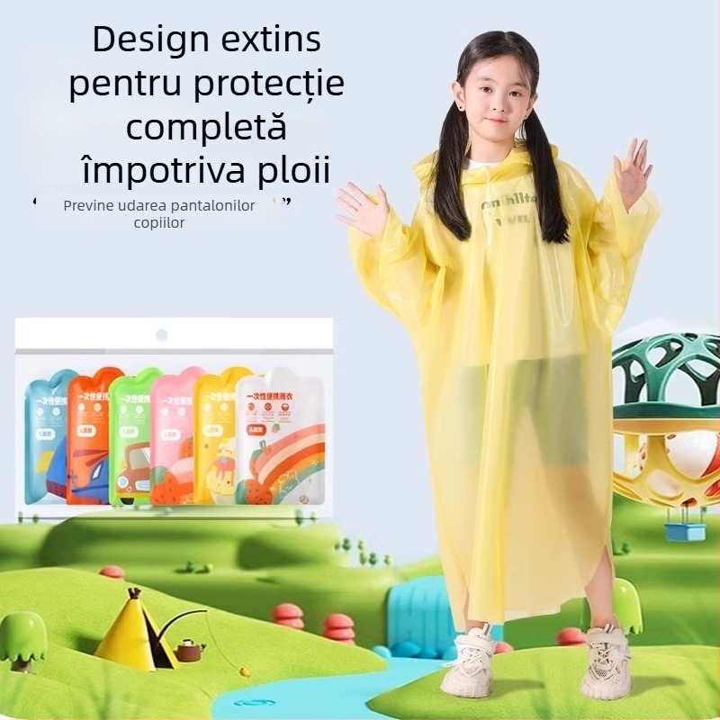 Pelerină de ploaie de unică folosință pentru copii, corp întreg, cu extensie și grosime sporită, piesă unică, material PE, pentru școală și călătorii.