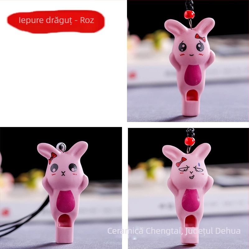 Pandantiv ceramic cu fluier în formă de iepuraș, porțelan alb, Chengtai Ceramics, categorie Cartoon, ambalaj PP (material: porțelan alb; marcă: Chengtai Ceramics; categorie: Cartoon)