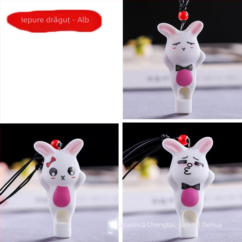 Pandantiv ceramic cu fluier în formă de iepuraș, porțelan alb, Chengtai Ceramics, categorie Cartoon, ambalaj PP (material: porțelan alb; marcă: Chengtai Ceramics; categorie: Cartoon)