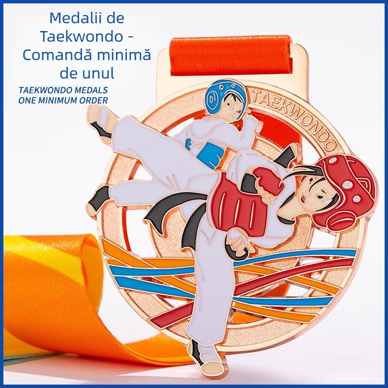 Medalie Taekwondo, aliaj de zinc kun placare aurie; imprimare de logo inclusă; personalizare disponibilă; potrivită pentru premiu individual; serii mixte acceptate.