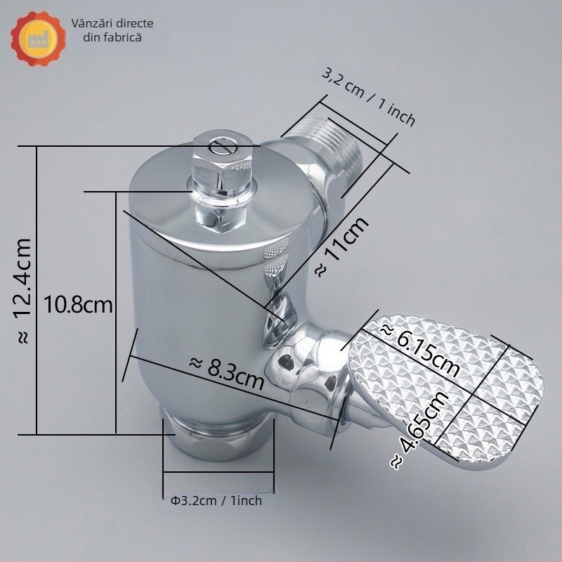 Supapă de spălare cu pedale pentru toaletă, model 90° unghi, timp de spălare 3–8 s, diametru ieșire 1 inch, presiune apă 0.1–1.0 MPa