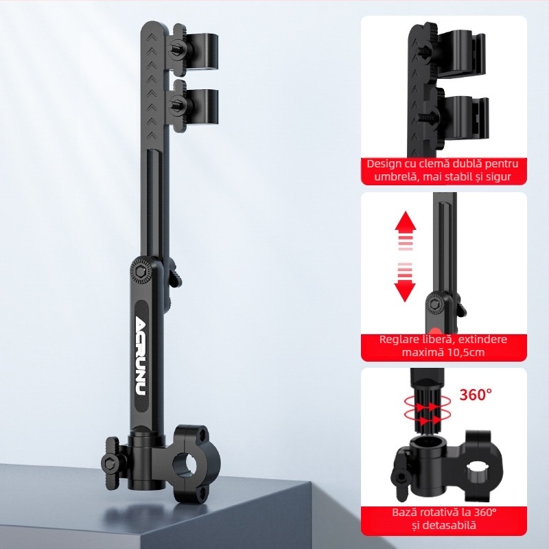 Suport pentru umbrelă pentru vehicule electrice — reglabil, pliabil și stabil; se potrivește conductelor cu diametrul interior de 2.5 cm; compatibil cu mașini electrice, motociclete, biciclete și cărucioare.