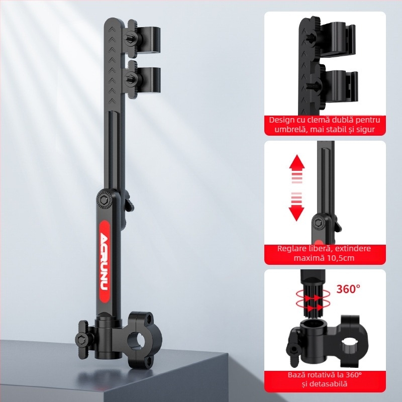Suport pentru umbrelă pentru vehicule electrice — reglabil, pliabil și stabil; se potrivește conductelor cu diametrul interior de 2.5 cm; compatibil cu mașini electrice, motociclete, biciclete și cărucioare.
