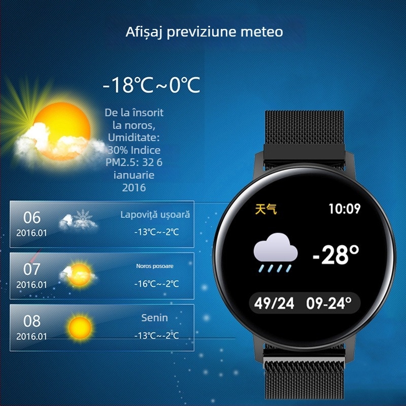 Brățară inteligentă cu ecran tactil, monitorizare ritm cardiac și tensiune, rezistentă la apă, Bluetooth (Android compatibil, 200mAh, autonomie 7–14 zile)
