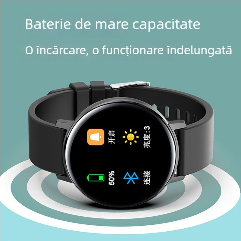 Brățară inteligentă cu ecran tactil, monitorizare ritm cardiac și tensiune, rezistentă la apă, Bluetooth (Android compatibil, 200mAh, autonomie 7–14 zile)