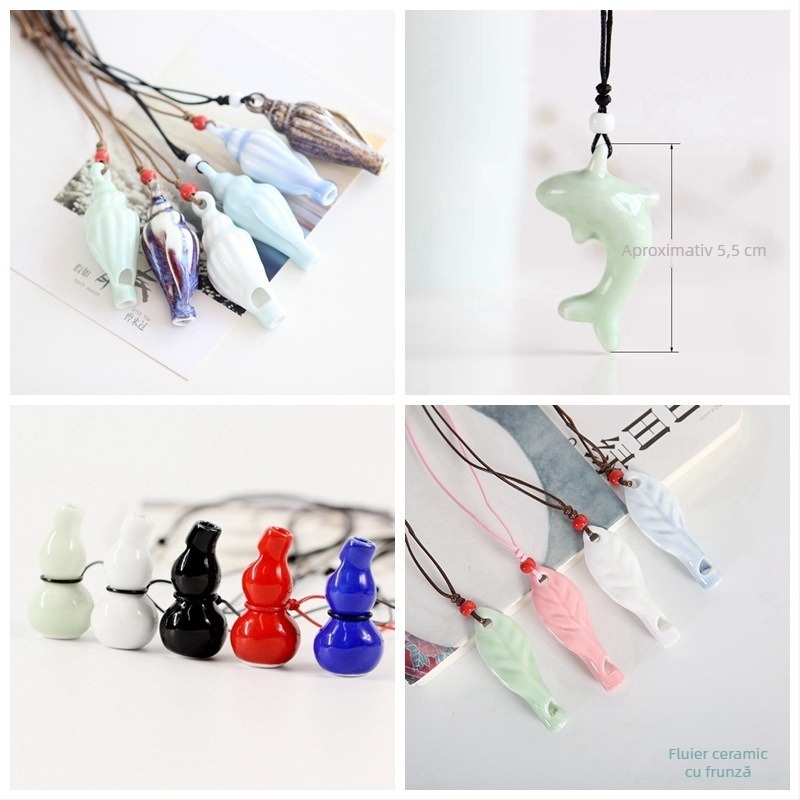 Colier din ceramică cu fluier, cu motiv de pasăre și design în formă de scoică și dovleac, material porțelan, stil modern minimalist, ambalat separat într-o pungă PP.