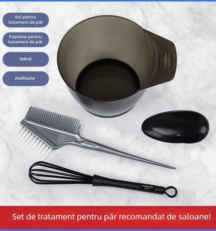 Set de unelte pentru vopsire păr pentru uz casnic: pelerină de unică folosință, bol pentru tratament cu ulei, perie cu peri moi, protecții pentru urechi, pieptene pentru vopsire