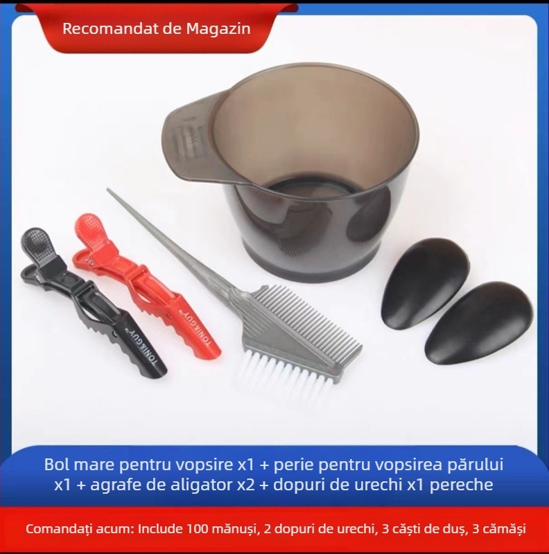 Set de unelte pentru vopsire păr pentru uz casnic: pelerină de unică folosință, bol pentru tratament cu ulei, perie cu peri moi, protecții pentru urechi, pieptene pentru vopsire