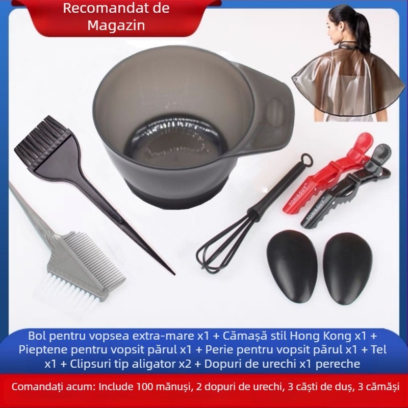 Set de unelte pentru vopsire păr pentru uz casnic: pelerină de unică folosință, bol pentru tratament cu ulei, perie cu peri moi, protecții pentru urechi, pieptene pentru vopsire