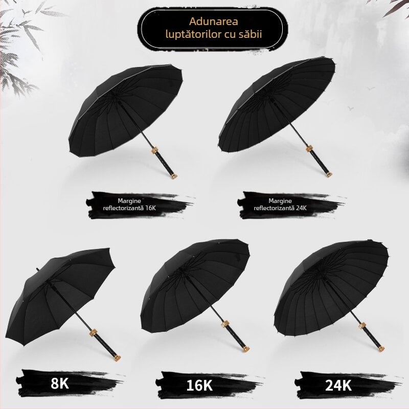 Umbrelă cu mâner de sabie, 24 nervuri, deschidere automată, mâner lung drept, logo personalizat