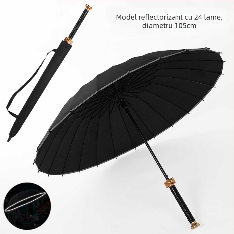 Umbrelă cu mâner de sabie, 24 nervuri, deschidere automată, mâner lung drept, logo personalizat