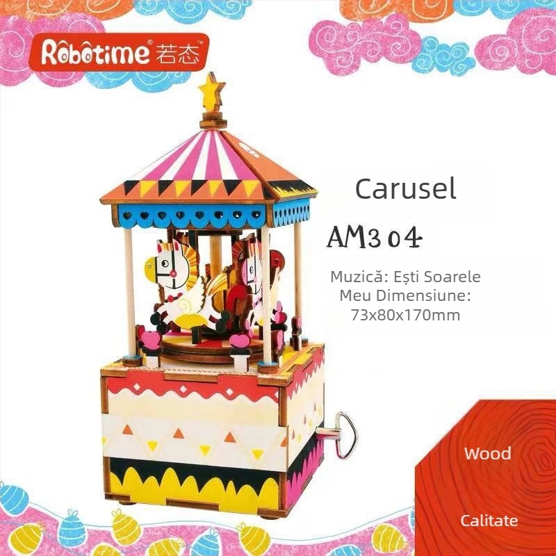 Puzzle 3D din lemn cu muzică DIY, fabricat manual, model Ruotai, jucărie educativă, cutie cadou