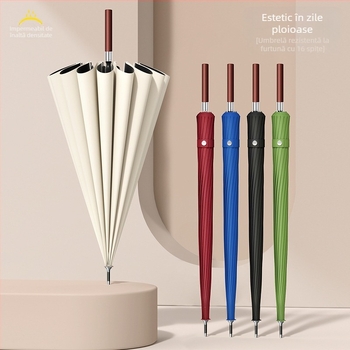 Umbrelă cu mâner lung, 16 arce, mâner din lemn, ramă din fibră, ax central din oțel, deschidere automată