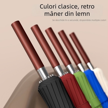 Umbrelă cu mâner lung, 16 arce, mâner din lemn, ramă din fibră, ax central din oțel, deschidere automată