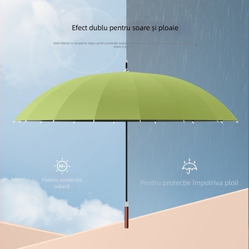 Umbrelă cu mâner lung, 16 arce, mâner din lemn, ramă din fibră, ax central din oțel, deschidere automată