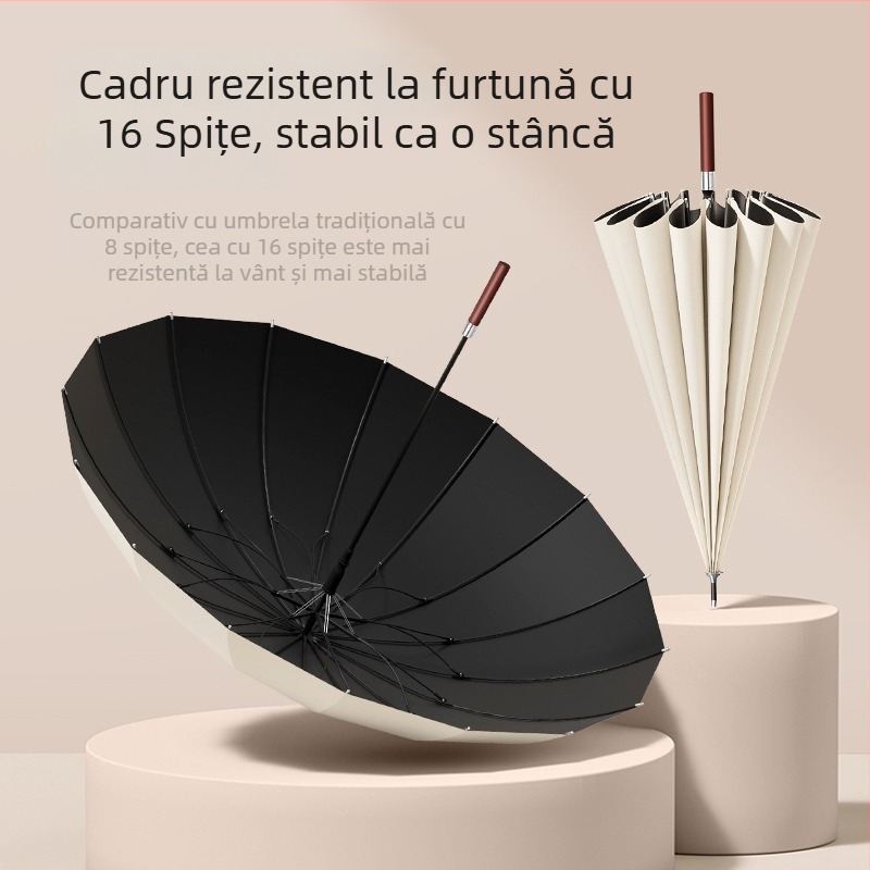 Umbrelă cu mâner lung, 16 arce, mâner din lemn, ramă din fibră, ax central din oțel, deschidere automată