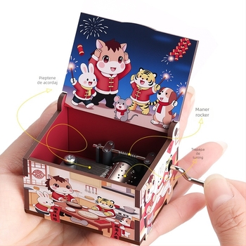 Cutie muzicală din lemn cu manivelă, seria Anul Nou, stil desen animat, imprimare UV, imprimare logo, personalizabilă