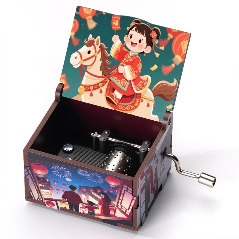 Cutie muzicală din lemn cu manivelă, seria Anul Nou, stil desen animat, imprimare UV, imprimare logo, personalizabilă