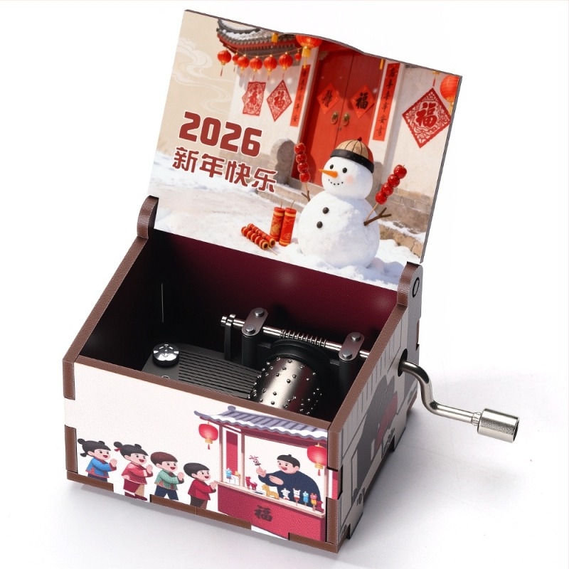 Cutie muzicală din lemn cu manivelă, seria Anul Nou, stil desen animat, imprimare UV, imprimare logo, personalizabilă