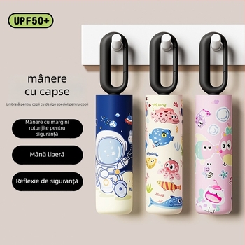 Umbrelă pentru copii cu 6 arcuri, design desen animat, margine rotunjită de siguranță, țesătură 190T, arcuri din fibră, tijă din oțel, deschidere și închidere manuală