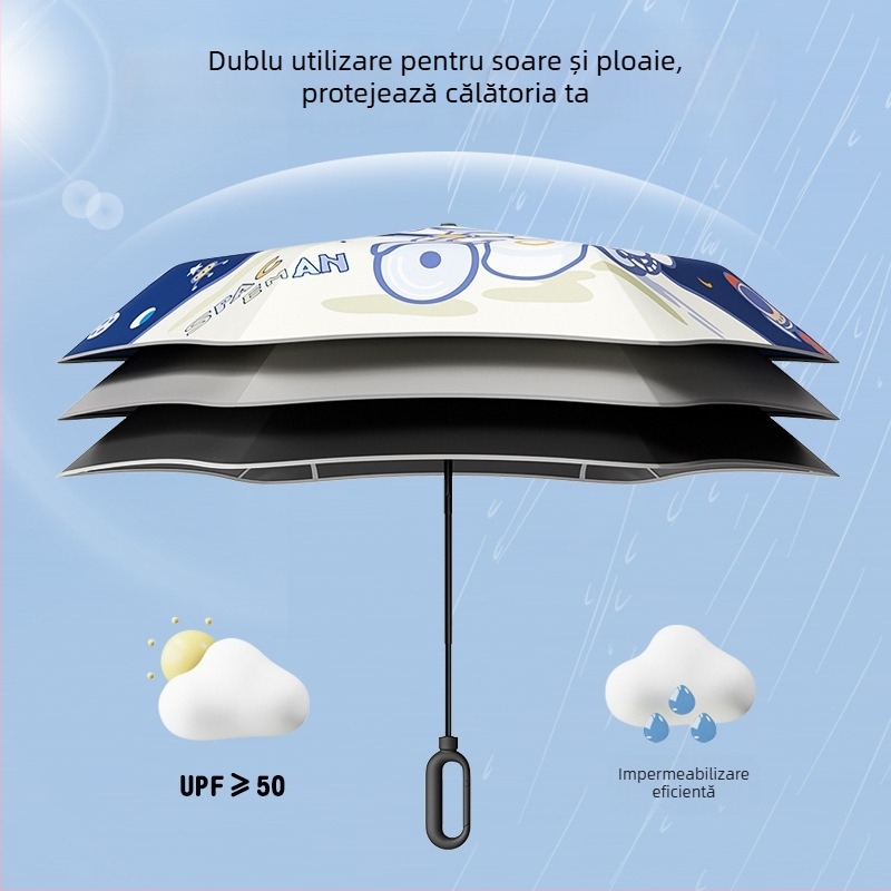 Umbrelă pentru copii cu 6 arcuri, design desen animat, margine rotunjită de siguranță, țesătură 190T, arcuri din fibră, tijă din oțel, deschidere și închidere manuală