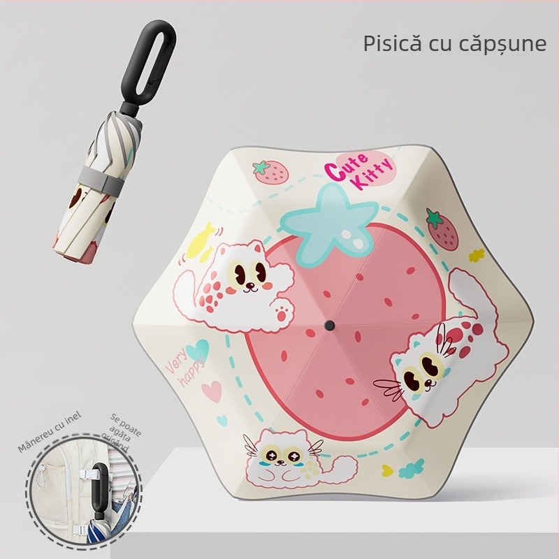 Umbrelă pentru copii cu 6 arcuri, design desen animat, margine rotunjită de siguranță, țesătură 190T, arcuri din fibră, tijă din oțel, deschidere și închidere manuală