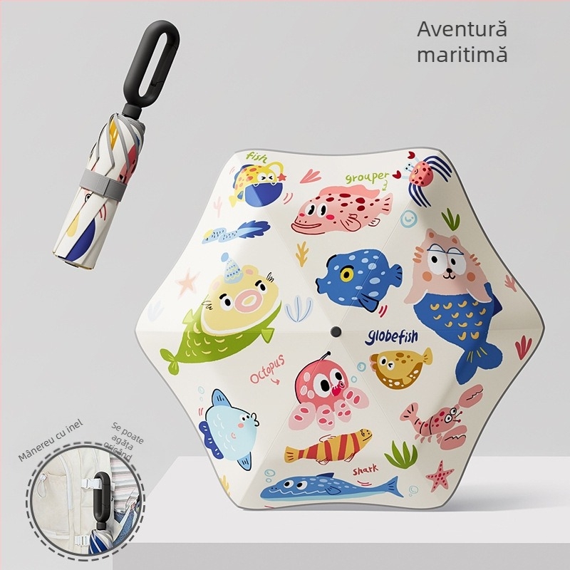 Umbrelă pentru copii cu 6 arcuri, design desen animat, margine rotunjită de siguranță, țesătură 190T, arcuri din fibră, tijă din oțel, deschidere și închidere manuală