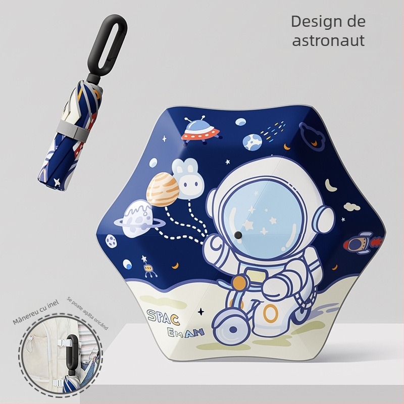 Umbrelă pentru copii cu 6 arcuri, design desen animat, margine rotunjită de siguranță, țesătură 190T, arcuri din fibră, tijă din oțel, deschidere și închidere manuală