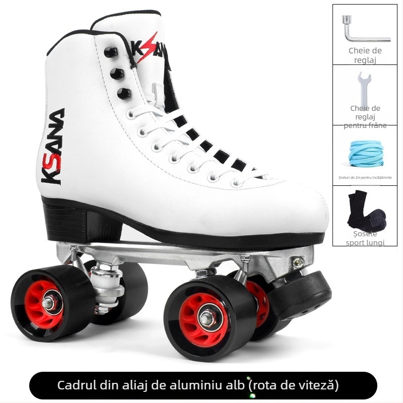 Moment patine roller: partea superioară din piele microfibră, roți cu două rânduri PU, talpă din cauciuc
