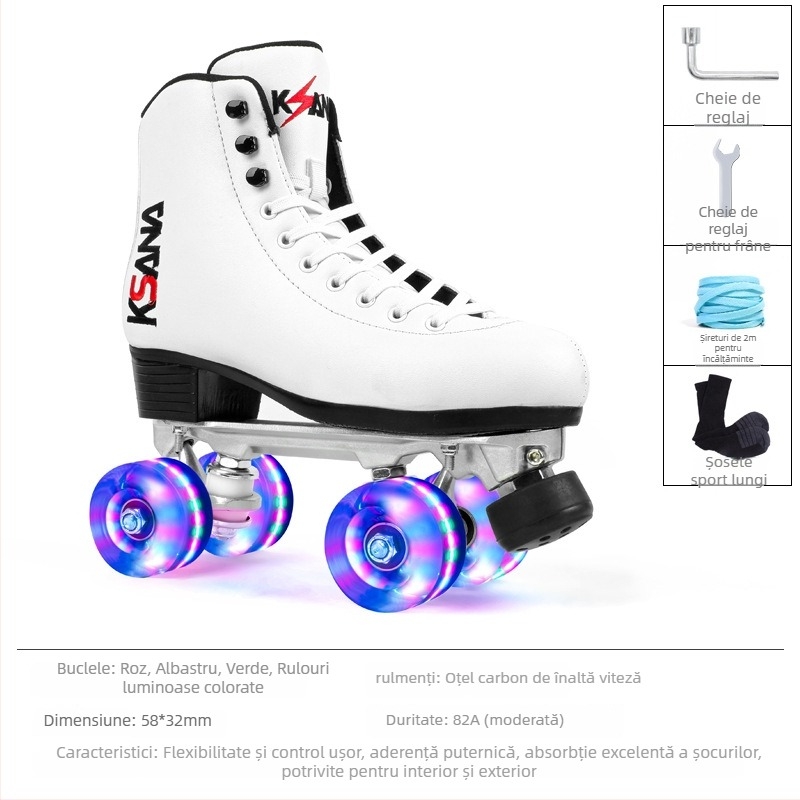 Moment patine roller: partea superioară din piele microfibră, roți cu două rânduri PU, talpă din cauciuc