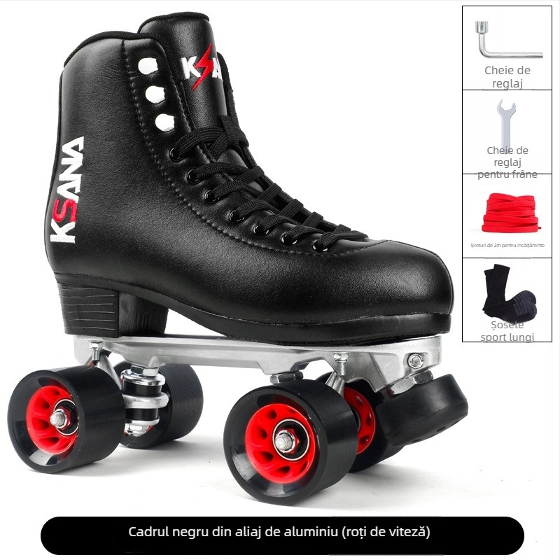 Moment patine roller: partea superioară din piele microfibră, roți cu două rânduri PU, talpă din cauciuc