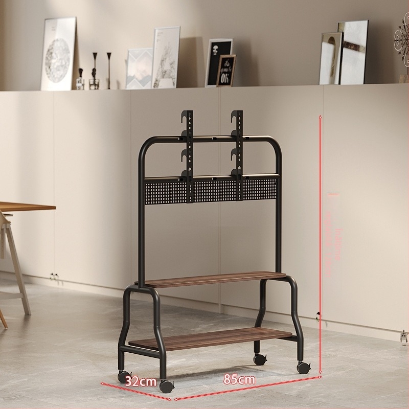 Suport pentru televizor pe podea, cadru din oțel inoxidabil, polițe din lemn de nuc, mobilier mobil cu roți universale