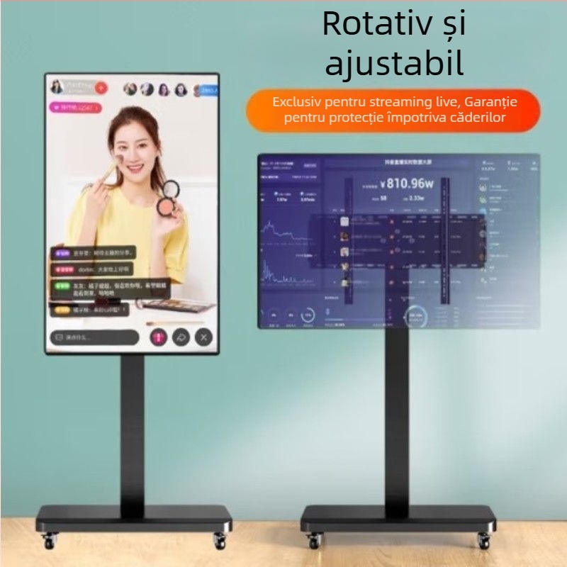 Suport de podea pentru televizor cu braț rotativ pentru ecrane orizontale și verticale, cărucior cu roți demontabil, din bambus și ratan, marca An shishui