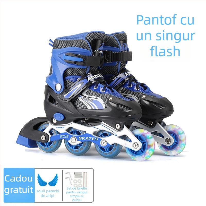 Patine quad cu patru roți, roți în două rânduri, partea superioară din canvas, talpă TPR, roți din plastic