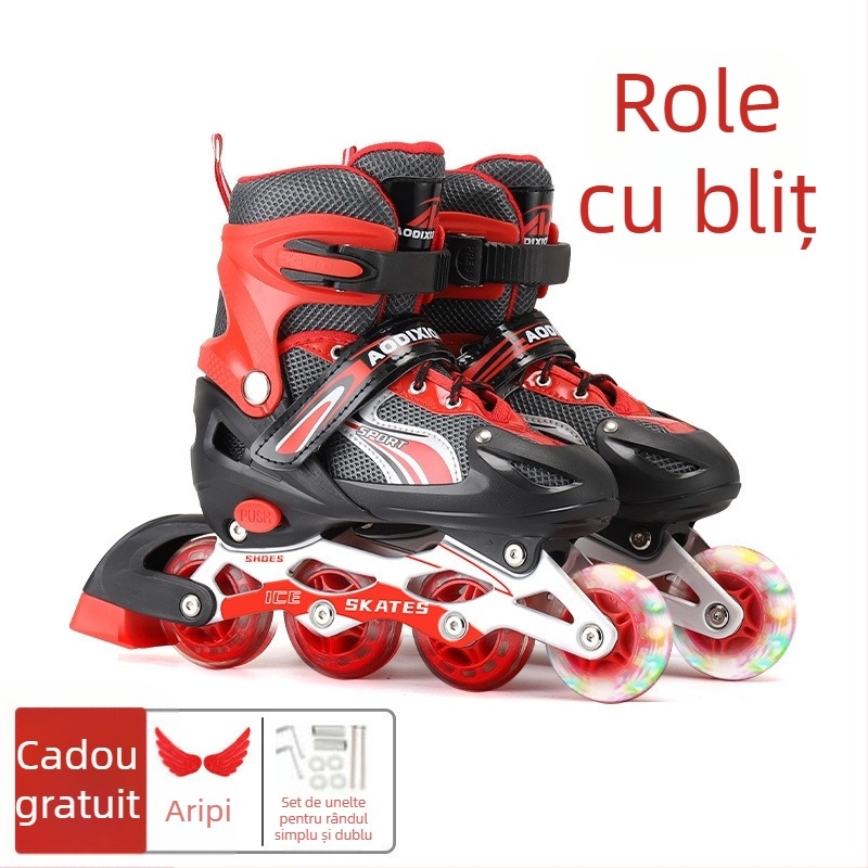 Patine quad cu patru roți, roți în două rânduri, partea superioară din canvas, talpă TPR, roți din plastic