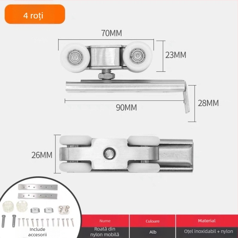 Sistem de role pentru ușă glisantă: role din oțel inoxidabil îngroșat, silențioase, șină