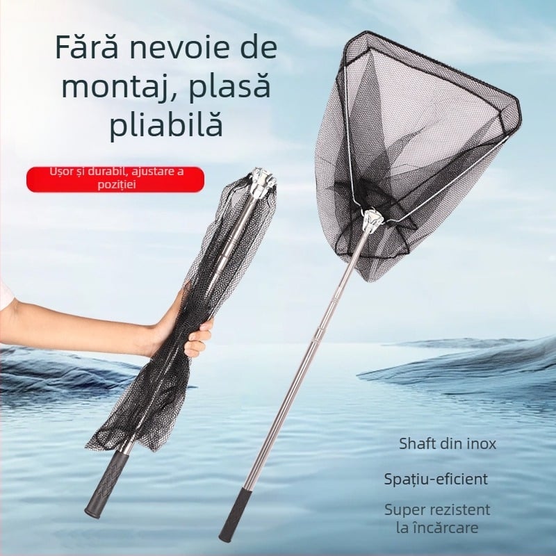 Plasă de pescuit triunghiulară din oțel inoxidabil, pliabilă cu tijă telescopică, încărcare maximă 4 kg