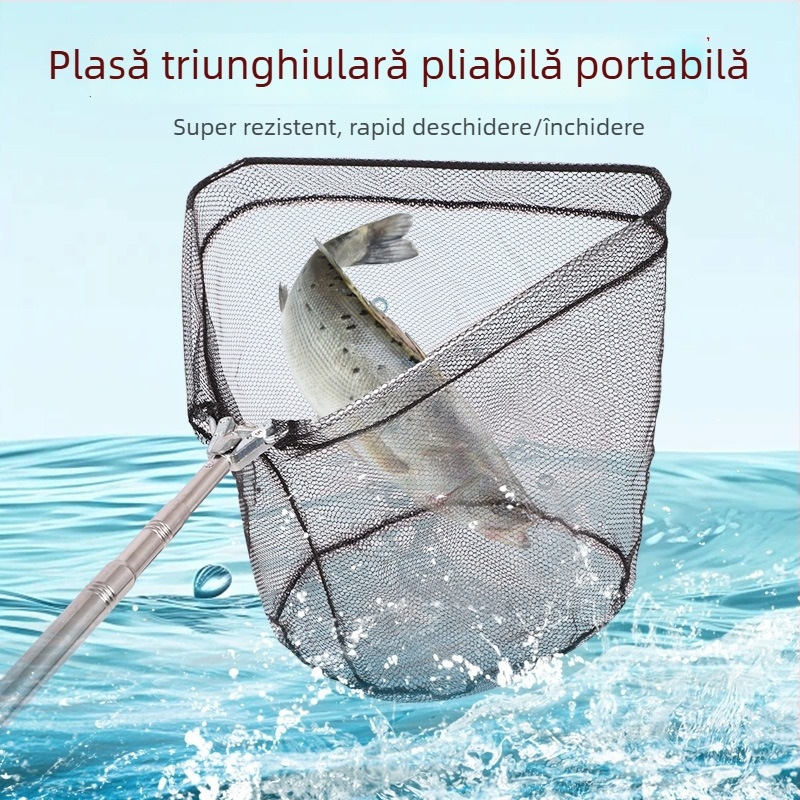 Plasă de pescuit triunghiulară din oțel inoxidabil, pliabilă cu tijă telescopică, încărcare maximă 4 kg