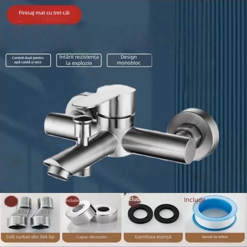 Set de duș încastrat din oțel inoxidabil 304, duză de pulverizare rotativă, economie de apă, control dual cald/rece, întrerupere apă cu un singur apăs, 0–90°C