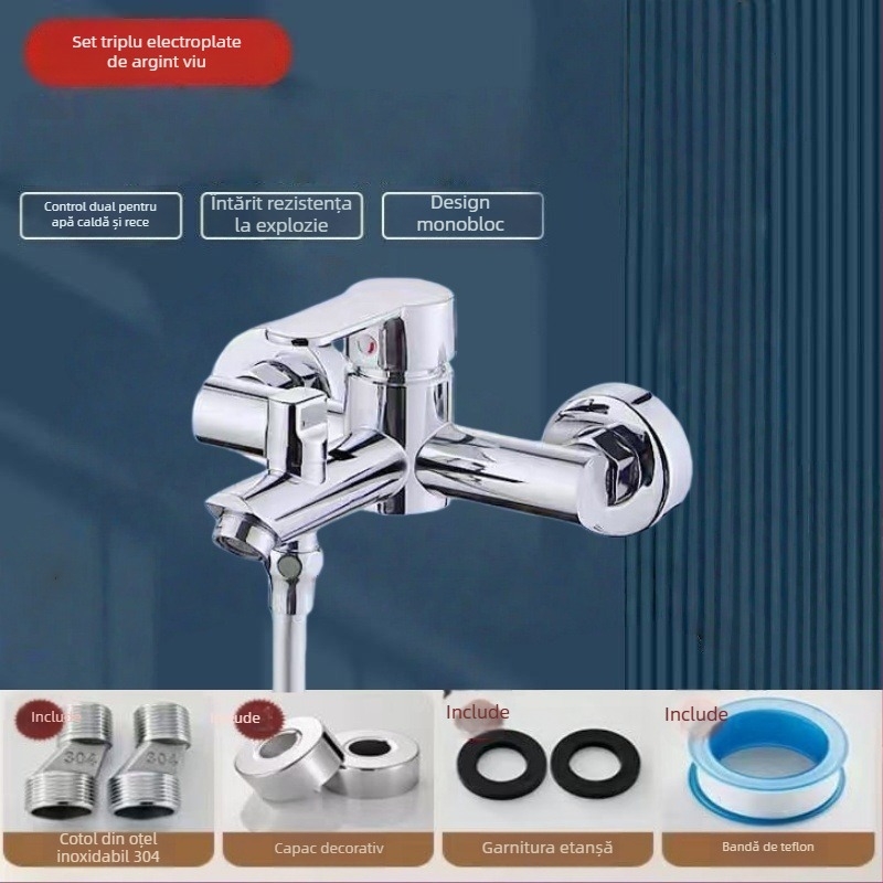 Set de duș încastrat din oțel inoxidabil 304, duză de pulverizare rotativă, economie de apă, control dual cald/rece, întrerupere apă cu un singur apăs, 0–90°C